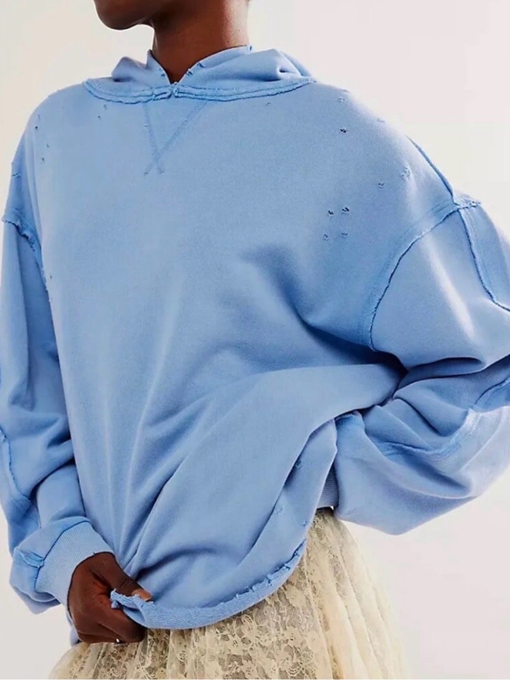Free People Everyday Hoodie Women’s Small Blue Distressed Oversized Sweatshirt
